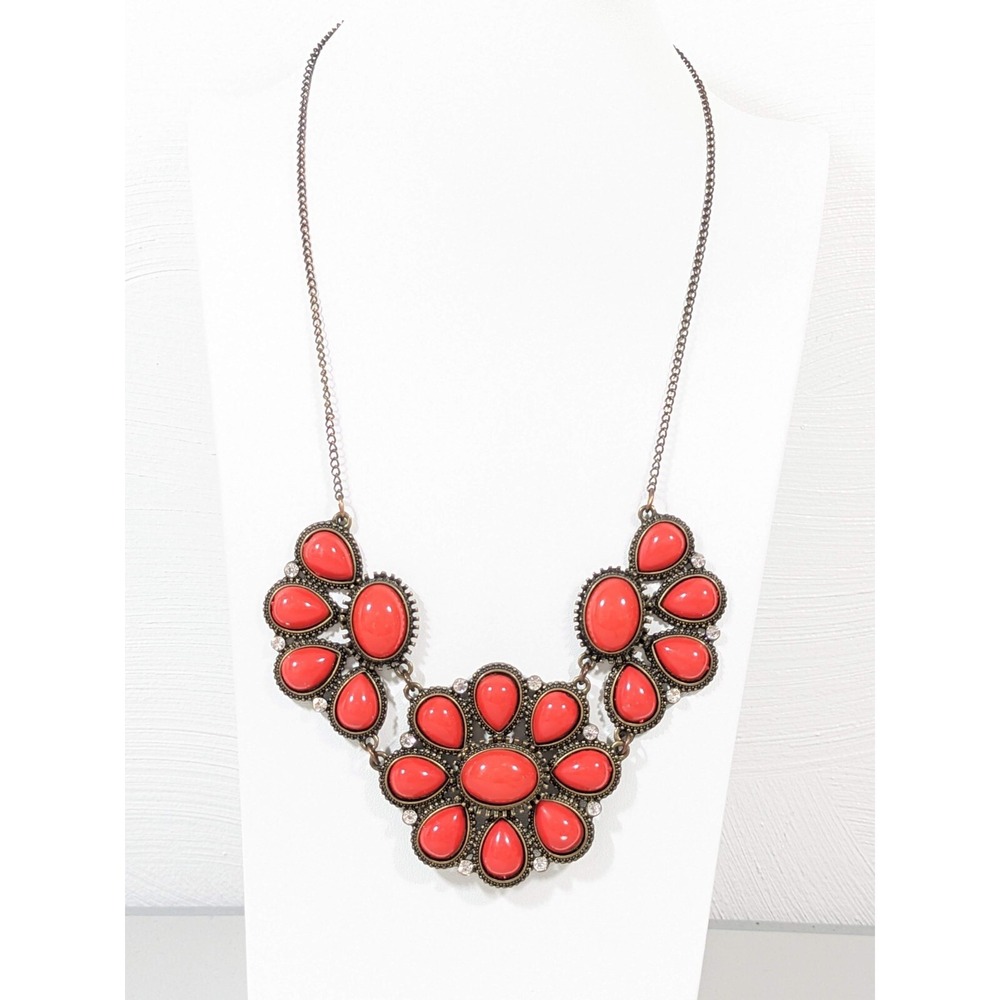Red Orange Cabochon Statement Necklace Bronze Tone Boho Western Bib 21" - Picture 1 of 9